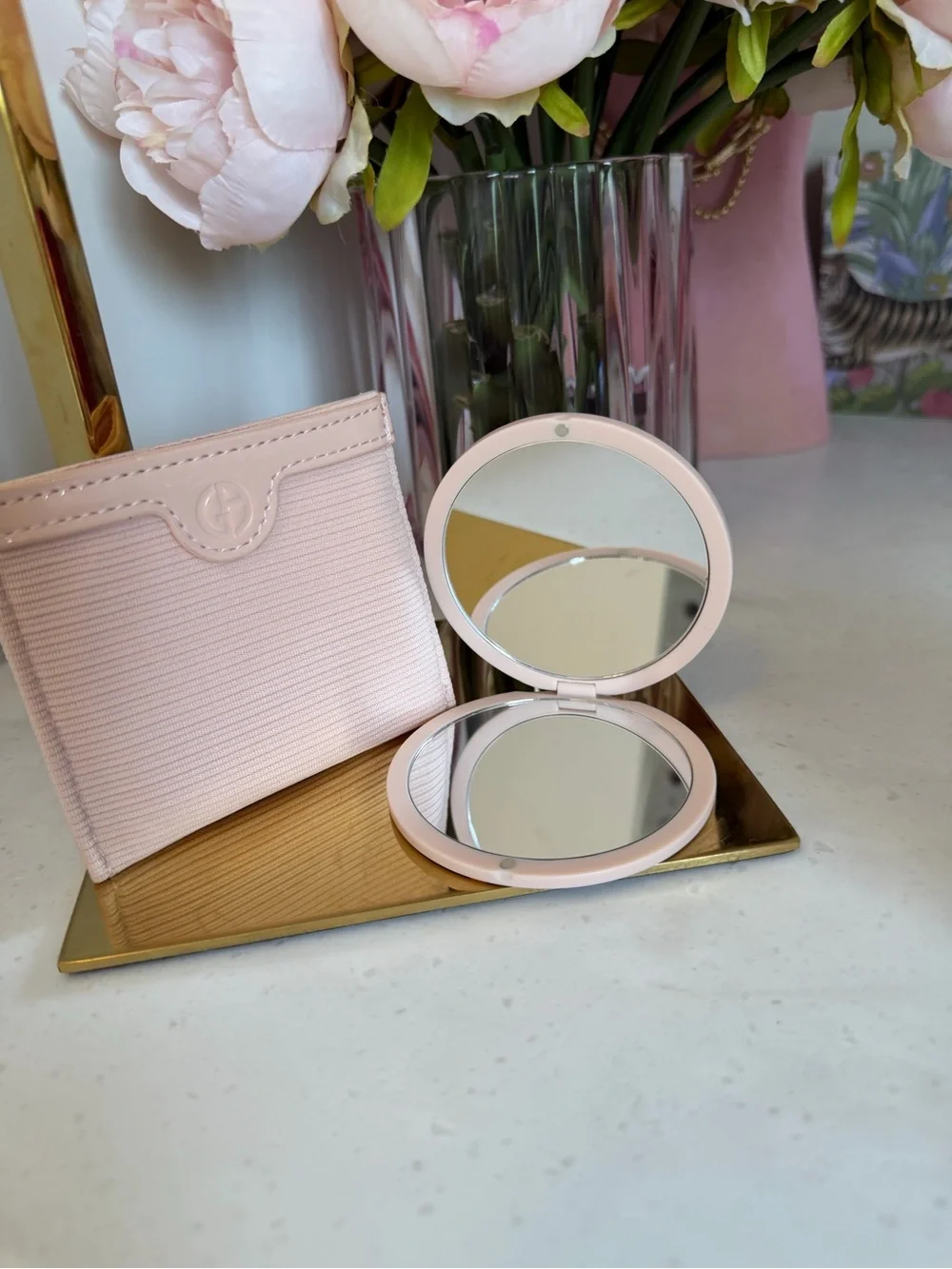 Blush Pink made for Armani GWP double mirror compact and carry case